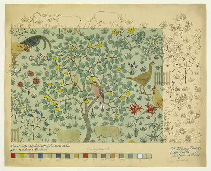 Colored line drawing of Voysey pattern with birds in a tree with different colorways shown at the bottom 