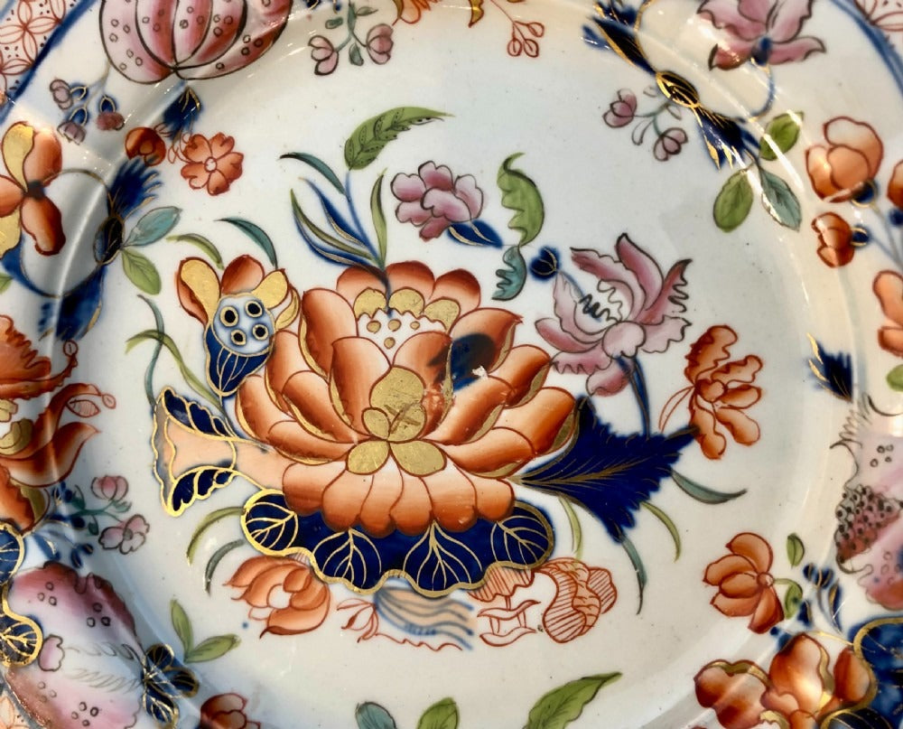 Antique Mason’s Ironstone plate with Imari-style florals in orange, cobalt, and gilt — an example of early 19th-century English interpretation of Asian porcelain.