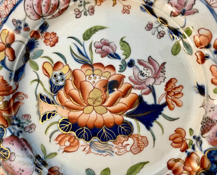 Antique Mason’s Ironstone plate with Imari-style florals in orange, cobalt, and gilt — an example of early 19th-century English interpretation of Asian porcelain.
