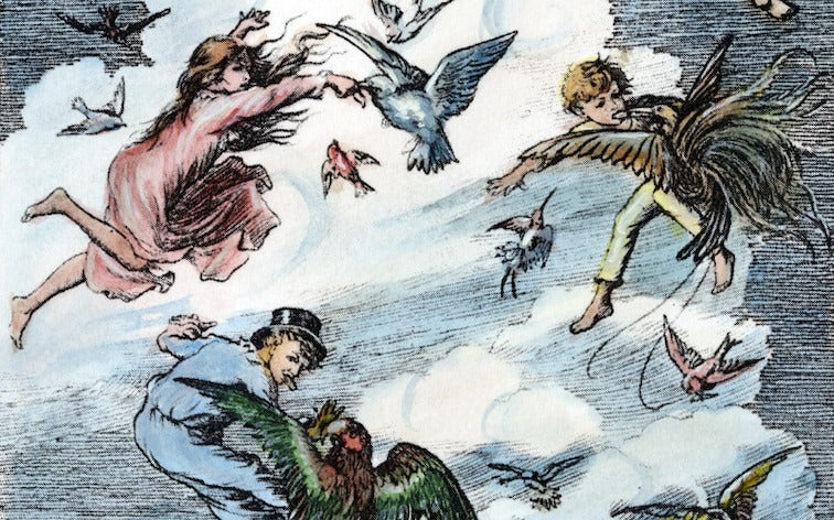1911 Illustration of peter pan, john, and wendy flying in the clouds with a flock of colorful birds