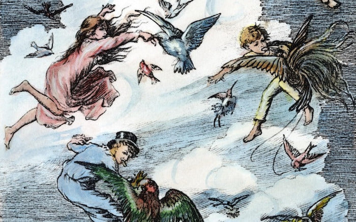 1911 Illustration of peter pan, john, and wendy flying in the clouds with a flock of colorful birds