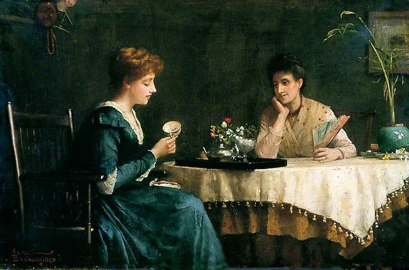 Fine art painting of two 19th century women in dresses enjoying tea  at a tea table