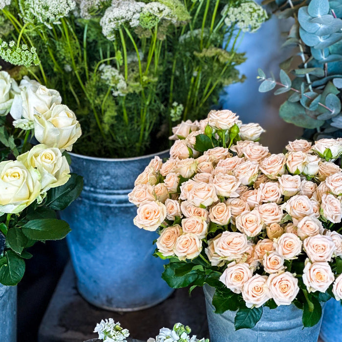 rustic metal urn with large billowing arrangement of peach roses and greenery