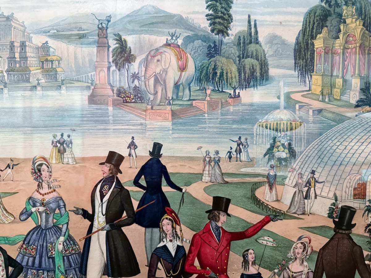 Fashion plate depicting men and women in "Summer Fashions for 1844" in Surrey Gardens.
