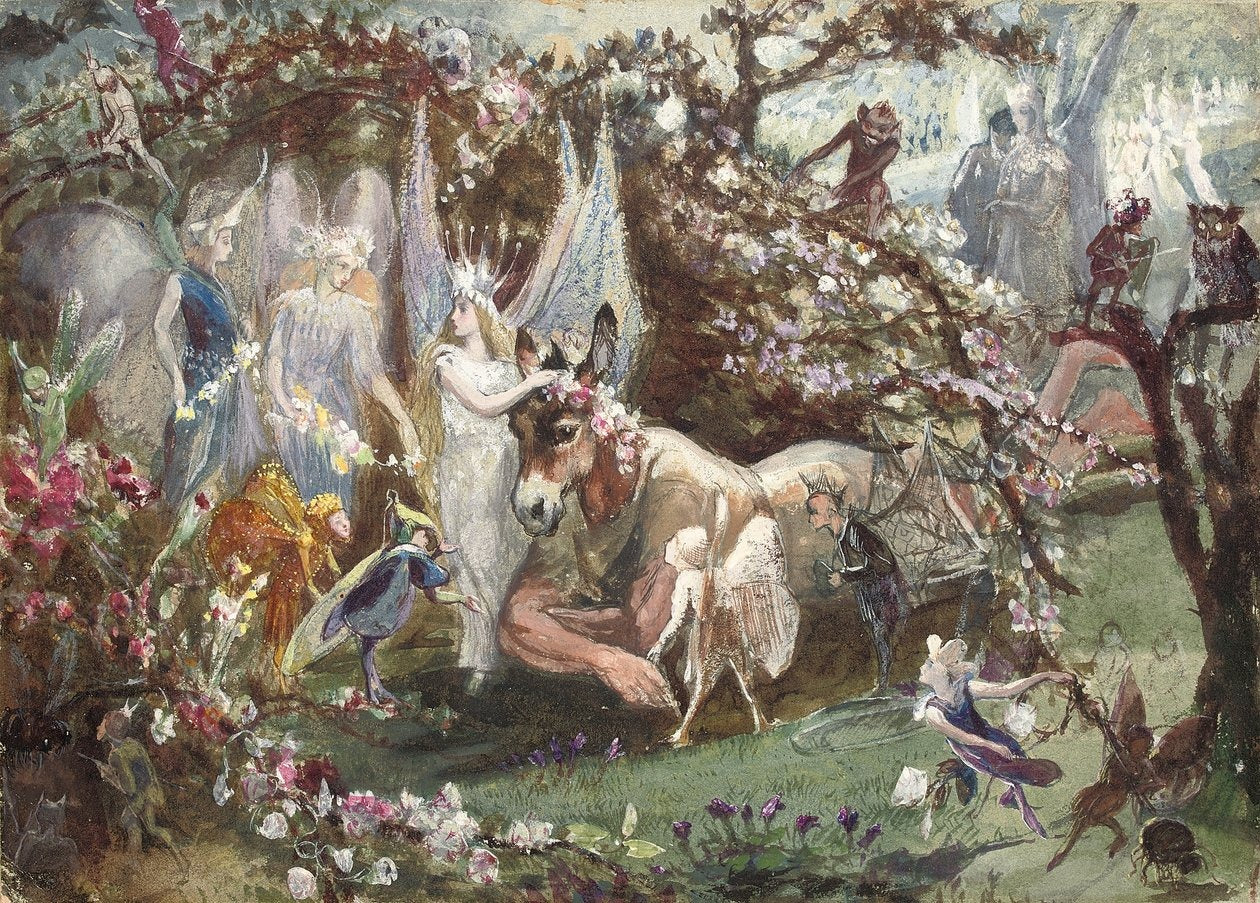 Victorian painting of characters from William Shakespeare's Midsummer Nights Dream including Titania and Bottom 