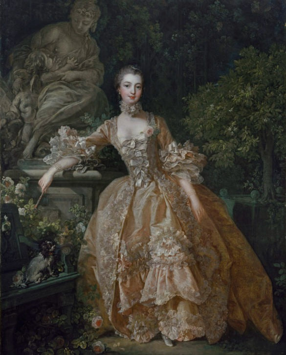 Fine art oil painting portrait of Madame de Pompadour, a member of the French court, in an elegant period gown