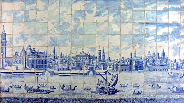 Closeup mural of Delft tiles depicting oriental harbor scene with ships