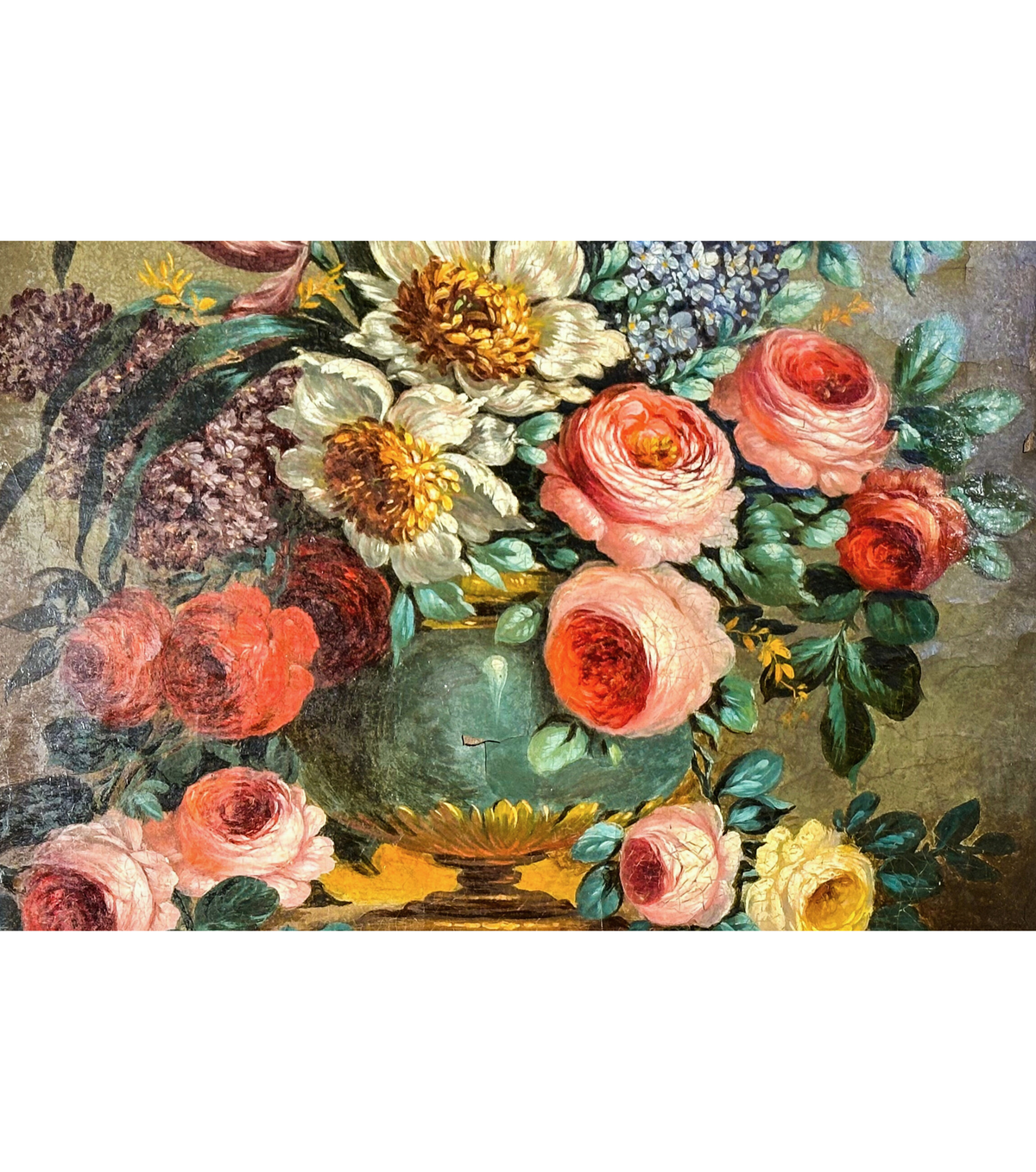 Antique European oil painting of roses and summer blooms in a green urn—an ornate floral still life evocative of 19th-century French artistry.